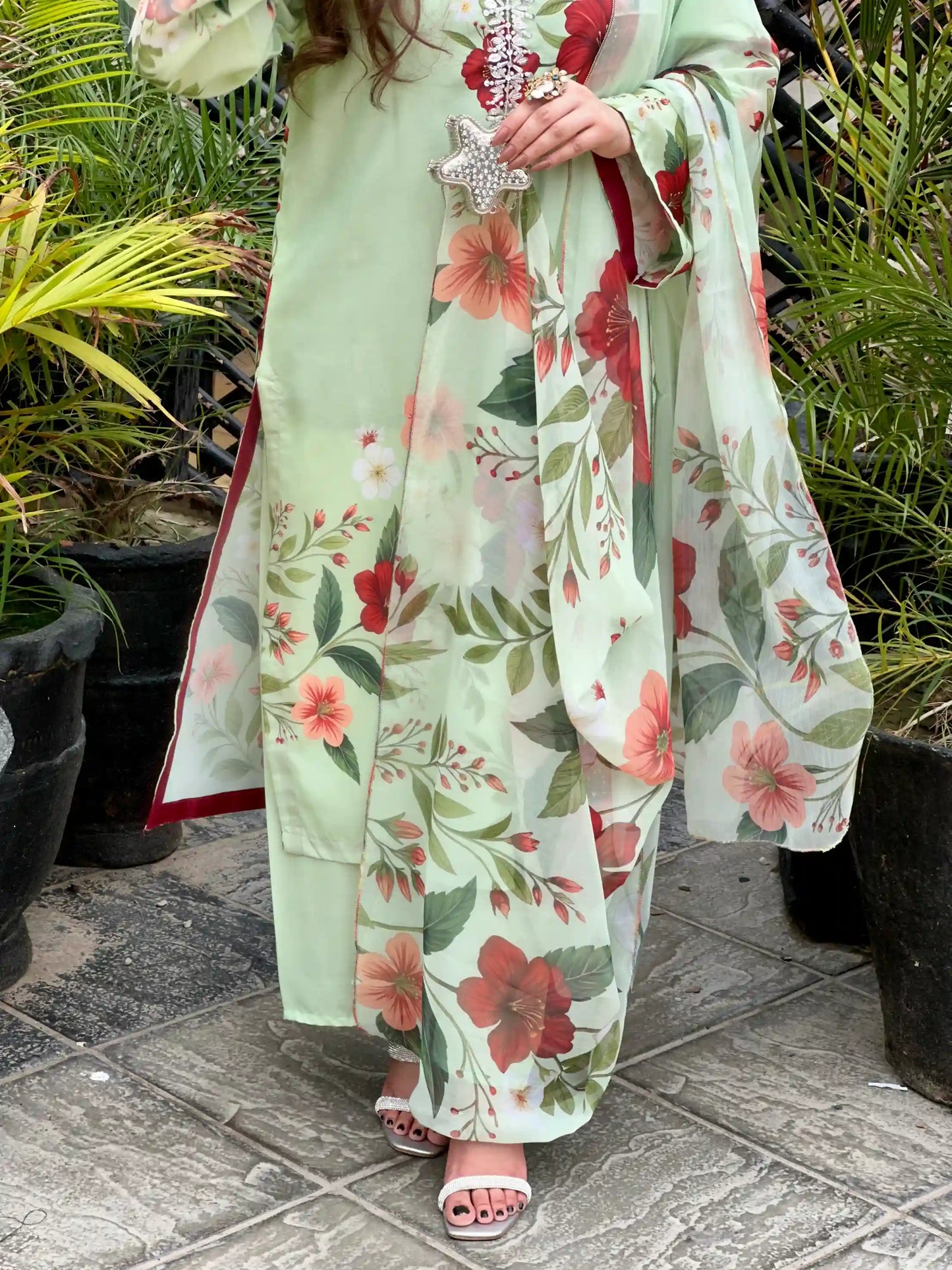 Eshal Printed with Handwork 3pc Light Green