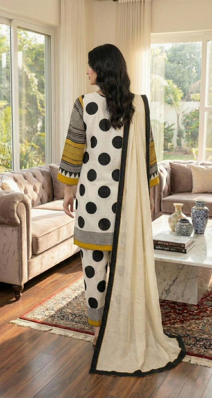Polka Dot Printed 3pc Poly Lawn