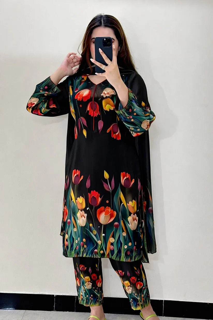 3D Flower Digital Print 3PC Suit
