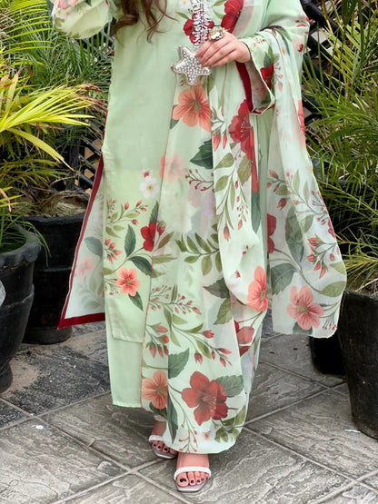 Eshal Printed with Handwork 3pc Light Green