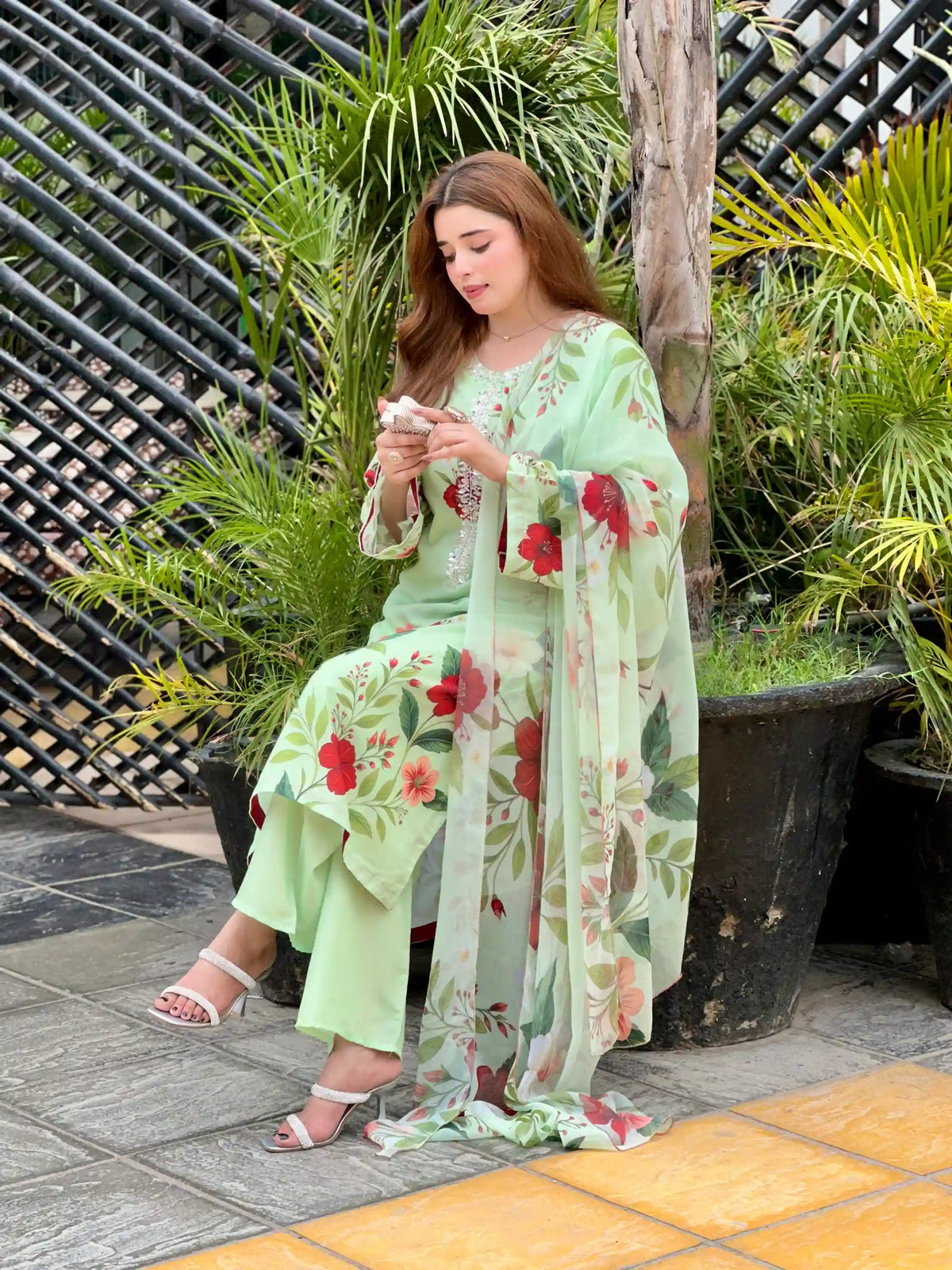 Eshal Printed with Handwork 3pc Light Green